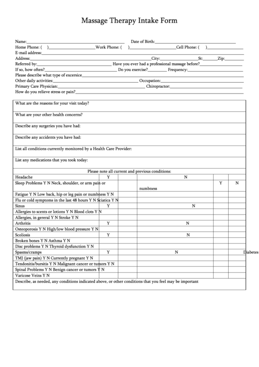 Massage Therapy Intake Form Printable pdf
