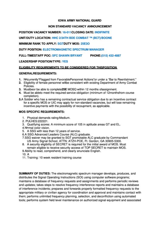 Iowa Army National Guard Non Standard Vacancy Sample Printable pdf