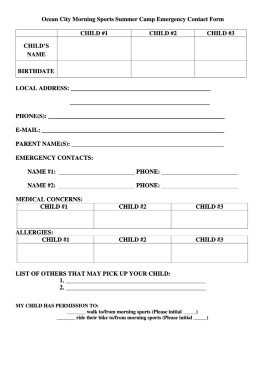 Summer Camp Emergency Contact Form Printable pdf