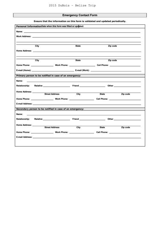 Emergency Contact Form Printable pdf