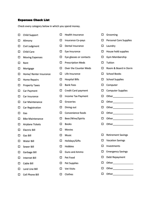 Expenses Check List Template Printable pdf