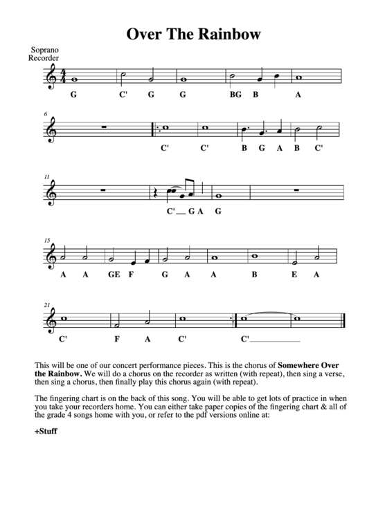 Over The Rainbow Soprano Recorder Sheet Music Printable pdf