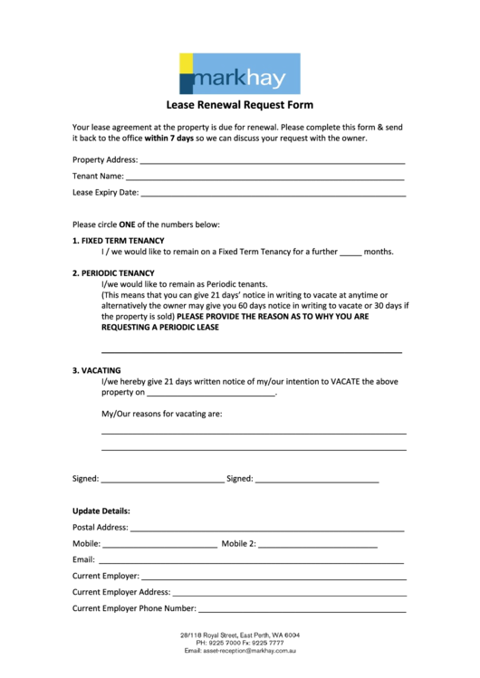 Lease Renewal Request Form Markhay Printable pdf