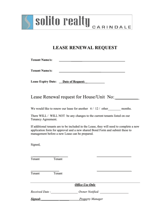 Tenant Lease Renewal Form - Solito Realty Printable pdf