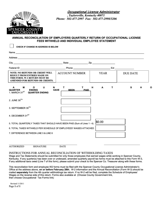 Fillable Annual Reconciliation Of Withholding Taxes Form - Spencer County Printable pdf