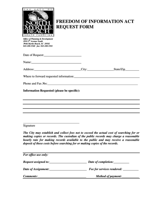 Freedom Of Information Act Request Form - City Of North Myrtle Beach Printable pdf