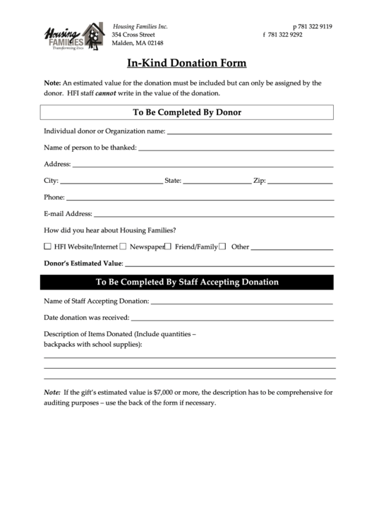 In Kind Donation Form - Housing Families Printable pdf