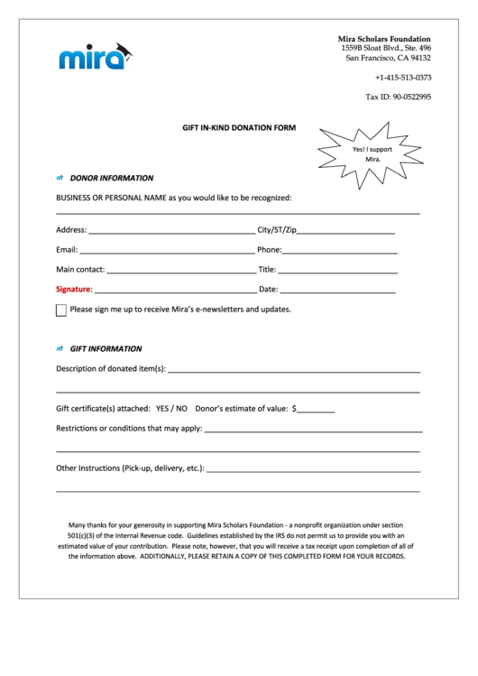 Gift In Kind Donation Form Donor Information Business Printable pdf