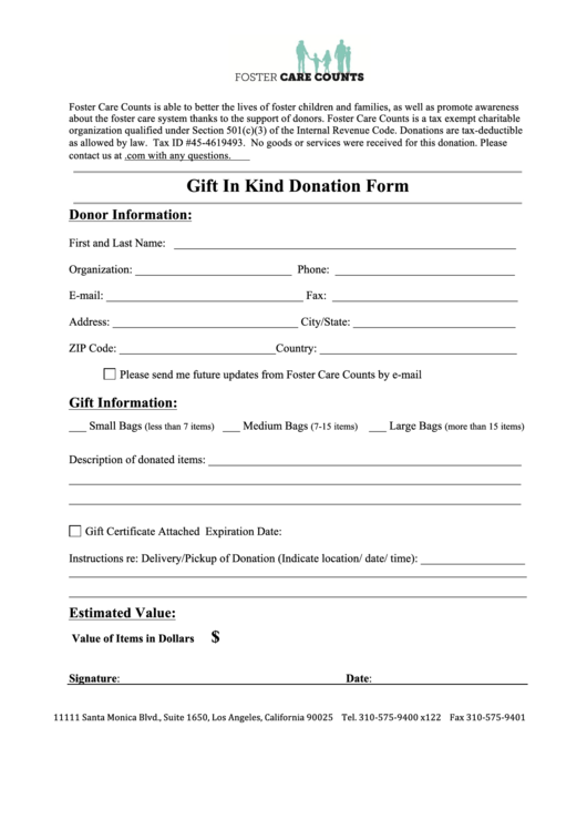 Gift In Kind Donation Form Printable pdf