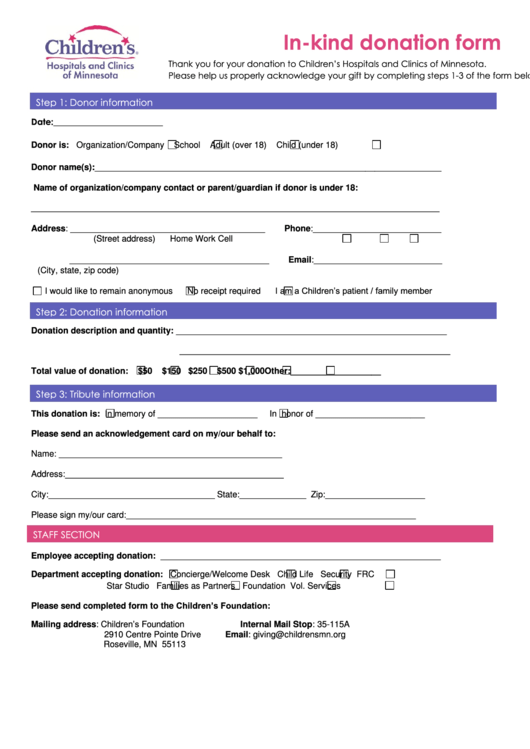 In Kind Donation Form - Childrens Hospitals And Clinics Of Minnesota Printable pdf