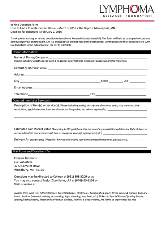 In Kind Donation Form - Lymphoma Research Foundation Printable pdf