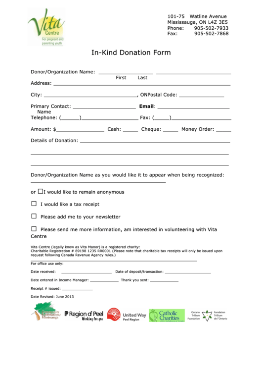 In Kind Donation Form - Vita Centre Printable pdf