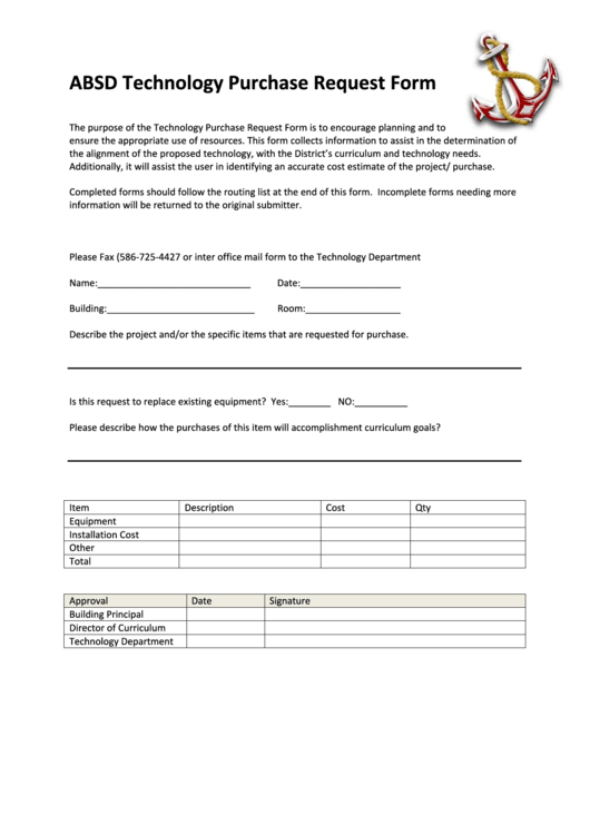Absd Technology Purchase Request Form Printable pdf