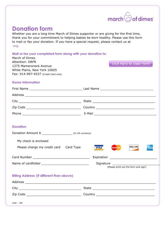 Fillable Donation Form - March Of Dimes Printable pdf