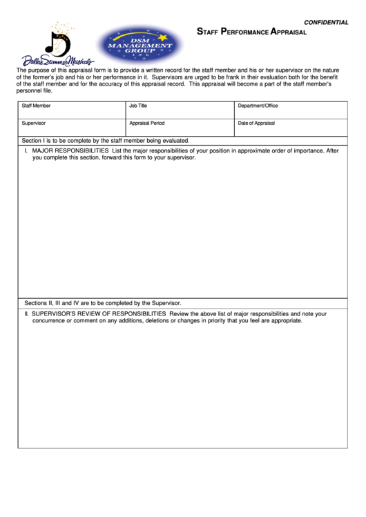 Staff Performance Appraisal Form - Dallas Summer Musicals Printable pdf