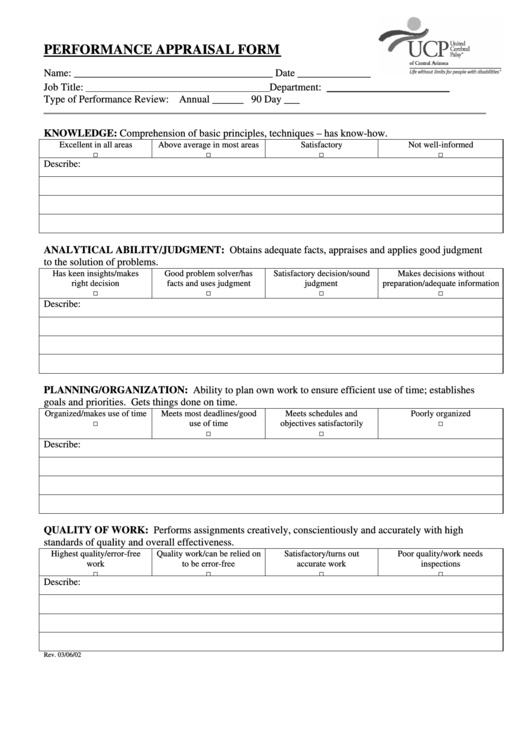 Performance Appraisal Form - Ucp Of Central Arizona Printable pdf