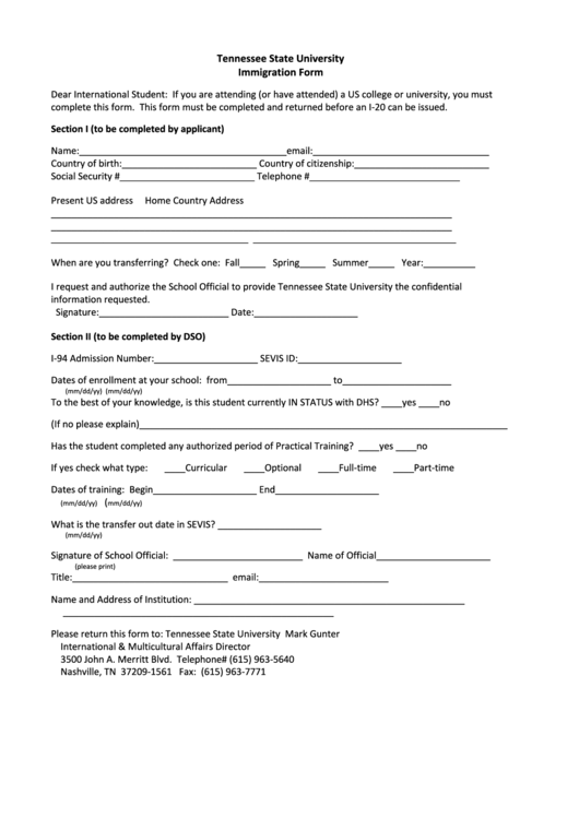 Tennessee State University Immigration Form Printable pdf