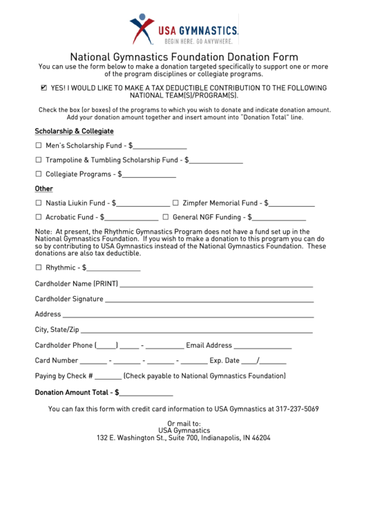 Usa Gymnastics Donation Form Printable pdf