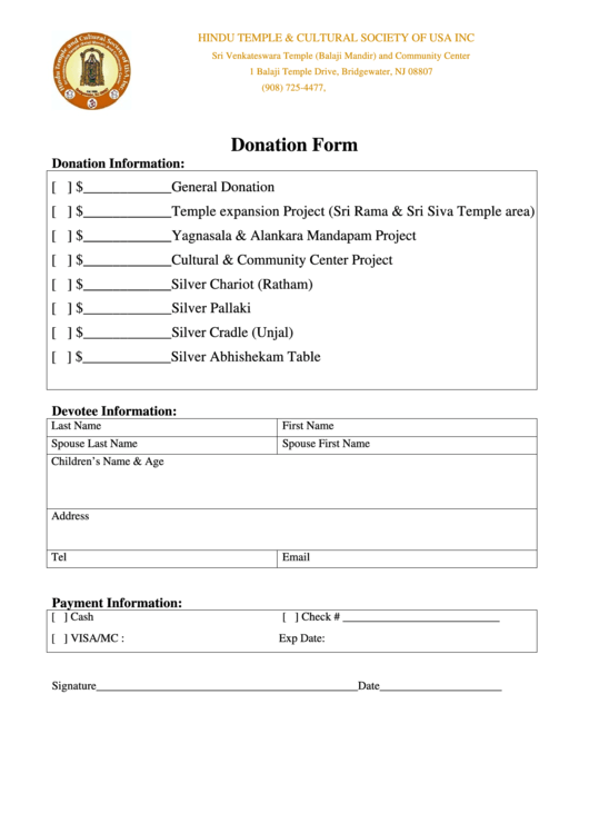 Donation Form - Sri Venkateswara Temple Printable pdf