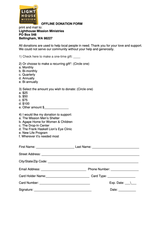 Donation Form - Lighthouse Mission Ministries Printable pdf