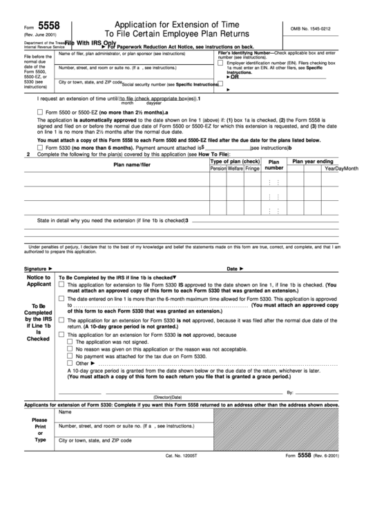 Form 5558 - Application For Extension Of Time To File Certain Employee Plan Returns Printable pdf