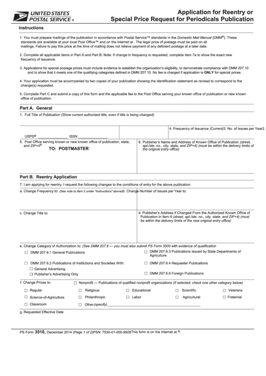 Usps Application For Reentry Or Special Price Request For Periodicals Publication Printable pdf