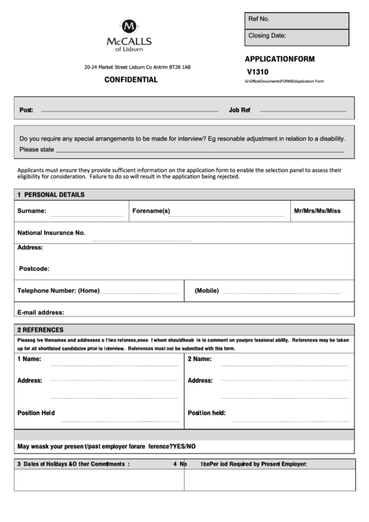 Application Form V1310 Printable pdf
