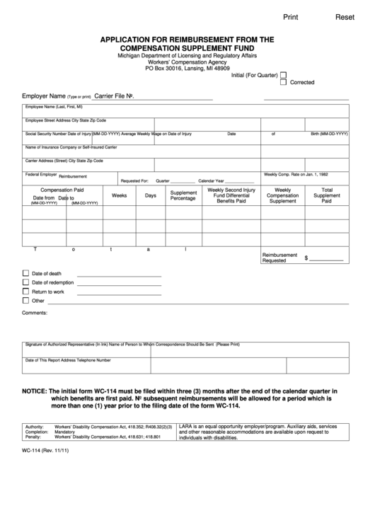 Fillable Wc-114 - Application For Reimbursement From The Compensation Supplement Fund Printable pdf
