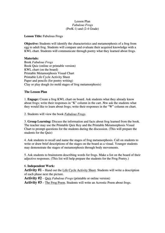 Lesson Plan - Fabulous Frogs (Prek-1) And (2-4 Grade) Printable pdf