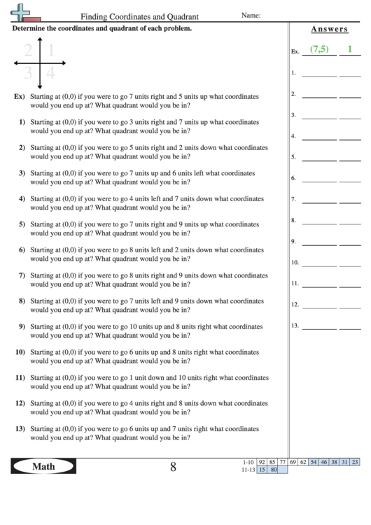 Finding Coordinates And Quadrant Worksheet Printable pdf