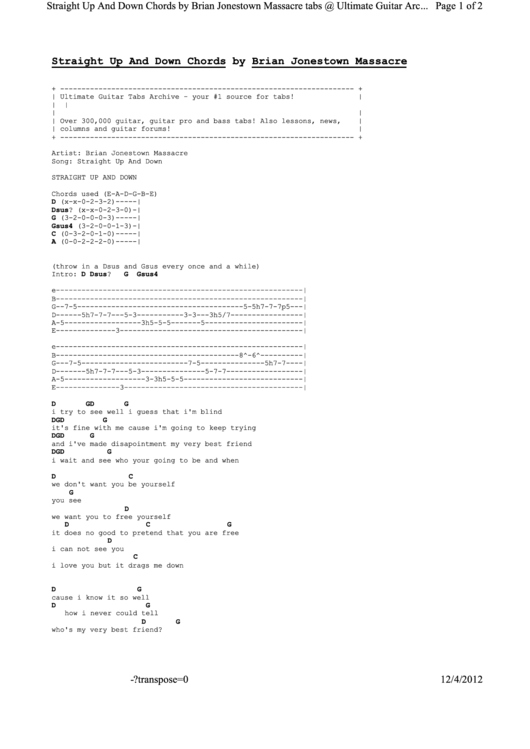Straight Up And Down Chords By Brian Jonestown Massacre Printable pdf
