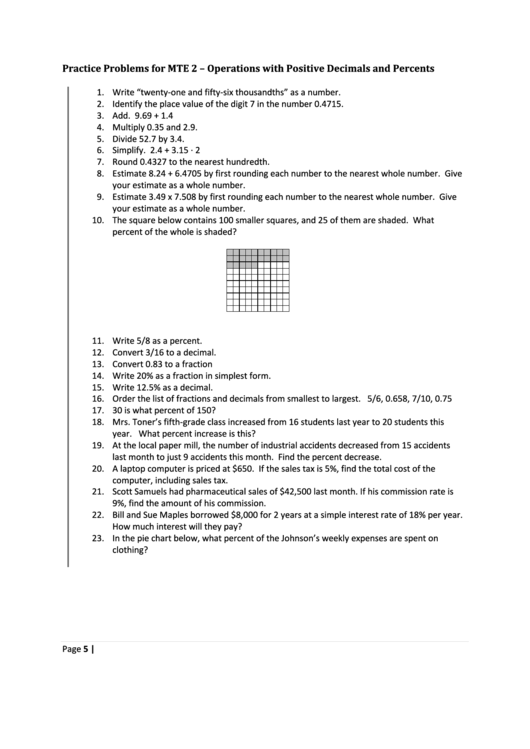 Practice Problems For Mte 2 - Operations With Positive Decimals Printable pdf