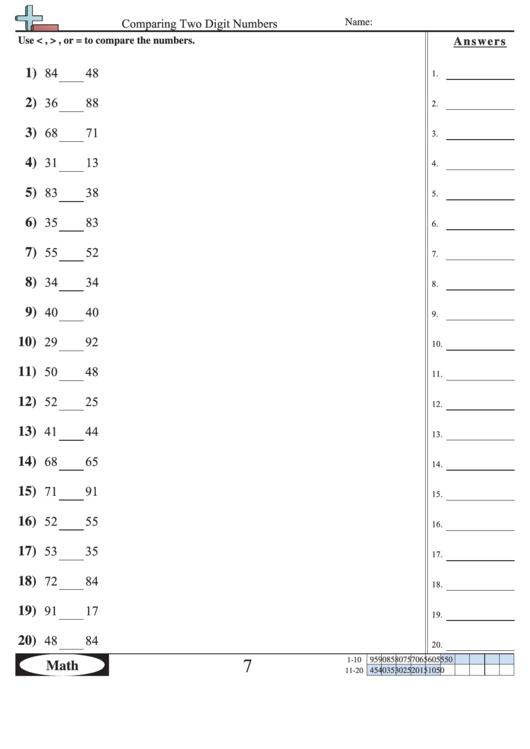 Comparing Two Digit Numbers Worksheet With Answer Key Printable pdf