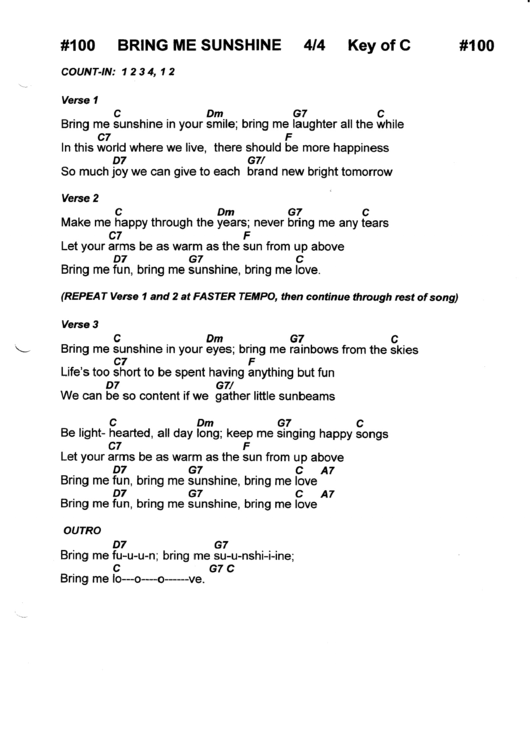Bring Me Sunshine (Key Of C) Chord Chart Printable pdf