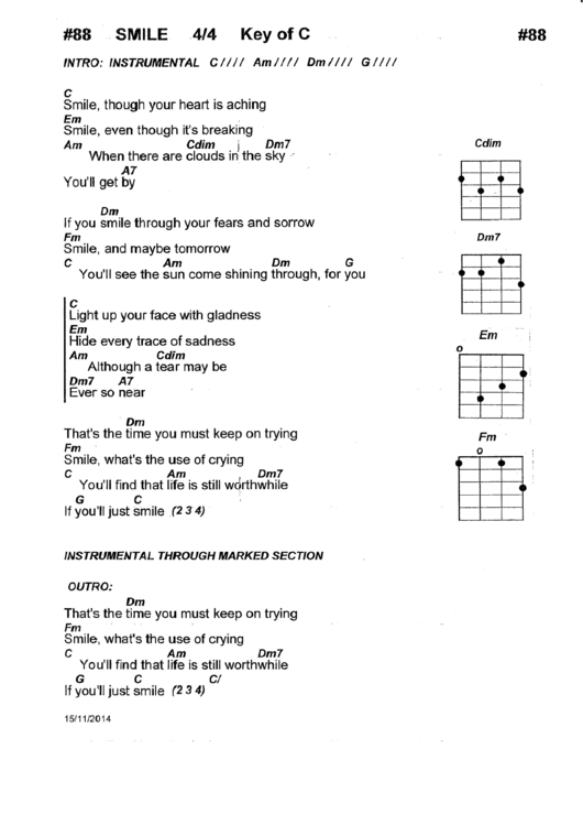 Smile (Key Of C) Chord Chart Printable pdf