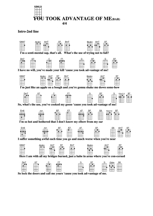 You Took Advantage Of Me(Bar) Chord Chart Printable pdf