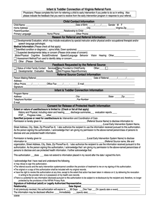 Infant & Toddler Connection Of Virginia Referral Form Printable pdf