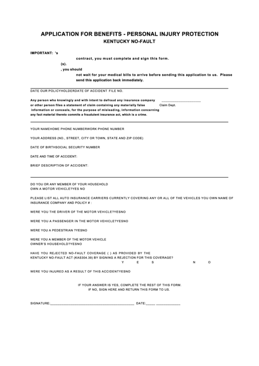 Application For Benefits - Personal Injury Protection Printable pdf