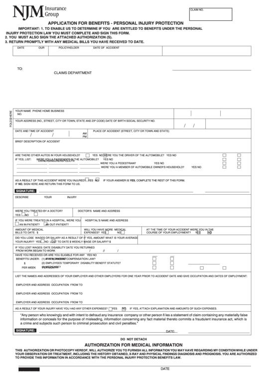 Njm Application For Benefits - Personal Injury Protection Printable pdf