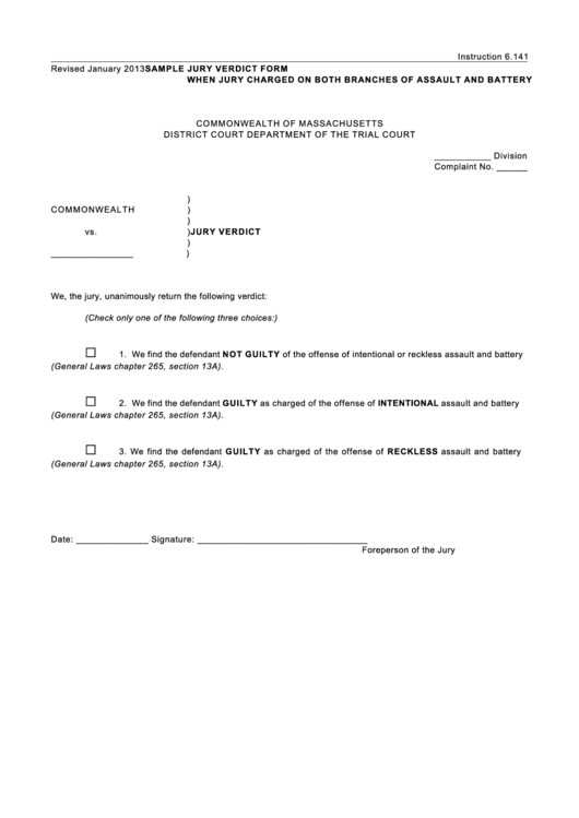 Sample Jury Verdict Form - When Jury Charged On Both Branches Of Assault And Battery Printable pdf
