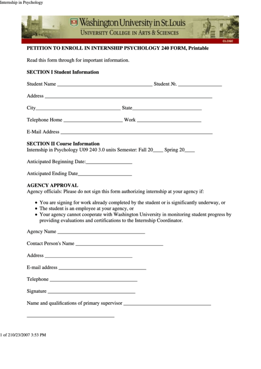 Petition To Enroll In Internship Psychology 240 Form Printable pdf
