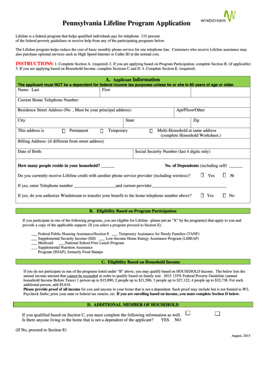 Pa Lifeline Application Printable pdf
