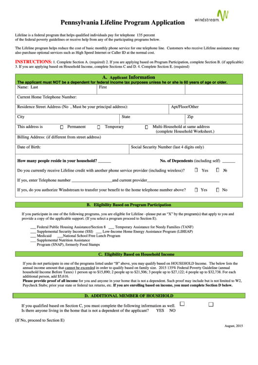 Pa Lifeline Application Printable Pdf Download