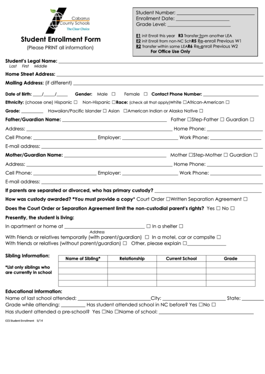 Fillable Student Enrollment Form - Cabarrus County Schools Printable pdf