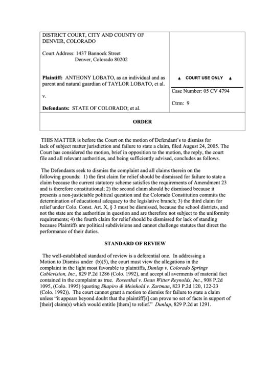 District Court City And County Of Denver Colorado Order Printable pdf