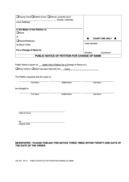 Fillable Public Notice Of Petition For Change Of Name Printable pdf