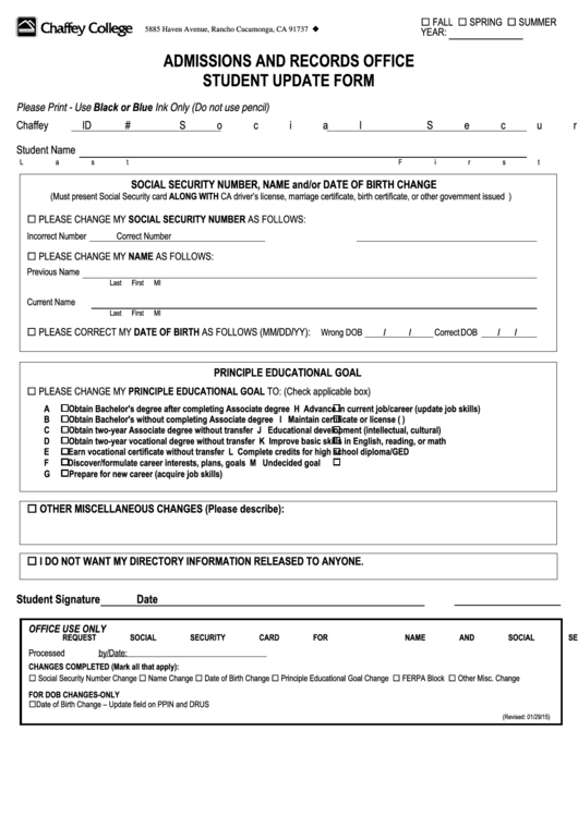 Fillable Student Update Form Chaffey College Printable pdf