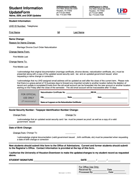 Fillable Student Information Update Form - University Of Houston Downtown Printable pdf