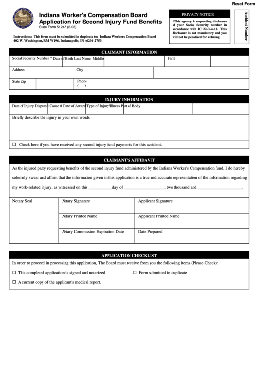 Fillable Application Form For Second Injury - Indiana Workers Compensation Board Printable pdf