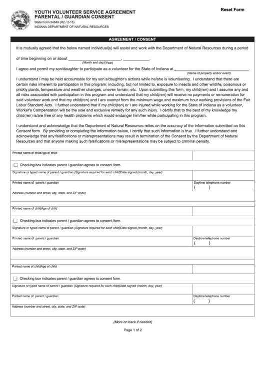 Fillable Youth Volunteer Service Agreement Printable pdf